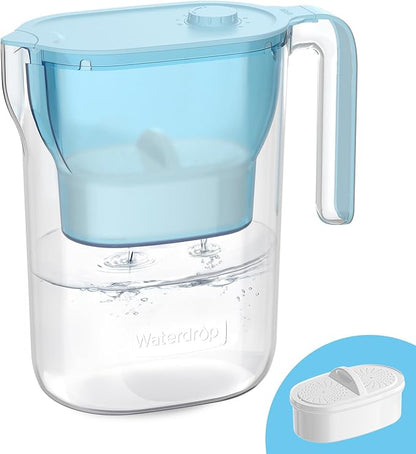 Waterdrop PT-05B-L Water Filter Pitcher, 7-Cup, NSF Certified, 200-Gallon Long-Life Filter Purifier, Reduces Chlorine and PFOA/PFOS, for Countertop, Replaces 6,400 Plastic Water Bottles a Year, Blue by Waterdrop