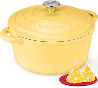 Overmont Enameled Cast Iron Dutch Oven - 5.5QT Pot with Lid Cookbook & Cotton Potholders - Heavy-Duty Cookware for Braising, Stews, Roasting, Sourdough Baking Goose Yellow by Overmont