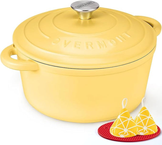 Overmont Enameled Cast Iron Dutch Oven - 5.5QT Pot with Lid Cookbook & Cotton Potholders - Heavy-Duty Cookware for Braising, Stews, Roasting, Sourdough Baking Goose Yellow by Overmont