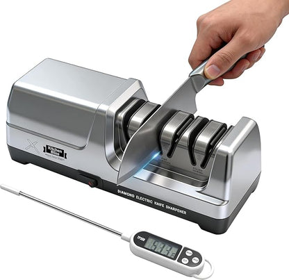 Electric Knife Sharpener for Kitchen—Fast Sharpening to Restore and Polish Chef Straight and Serrated Knives with 3 Stages & 20° Angle System with Metal Dust Box
