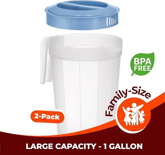 Tribello 2-Pack 1-Gallon Plastic Pitchers with Lids – Iced Tea Pitchers with Twist Cover BPA-Free, Dishwasher & Freezer Safe, Ideal for Water, Juice & Fridge Storage - Image 3