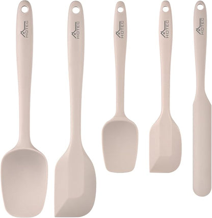 HOTEC 600℉ Heat Resistant BPA-Free Silicone Rubber Spatula Set,Kitchen Cooking Spatulas, Baking, Mixing for Non Stick Cookware, Dishwasher Safe, Set of 5, Khaki by Hotec