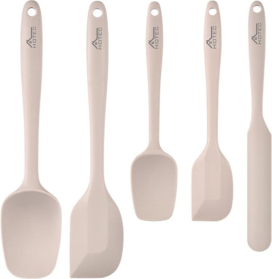 HOTEC 600℉ Heat Resistant BPA-Free Silicone Rubber Spatula Set,Kitchen Cooking Spatulas, Baking, Mixing for Non Stick Cookware, Dishwasher Safe, Set of 5, Khaki by Hotec