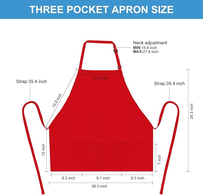 Jubatus 2 Pack 3 Pockets 100% Cotton Adjustable Bib Apron Chef Kitchen Cooking Aprons for Women Men, Red - Image 6
