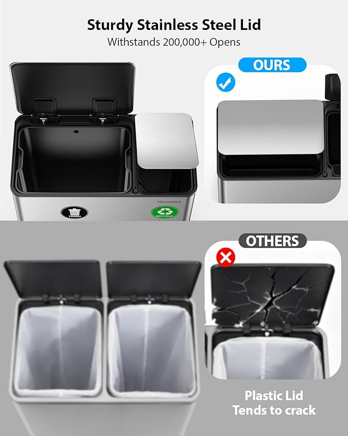 Lovewind Dual Trash Can, 14 + 6 Gallon Garbage Can for Kitchen Dual Compartment Recycling Kitchen Step Trash Bin, Stainless Steel Trash and Recycle Bin Combo with Soft-Close Lid, Silver - Image 5