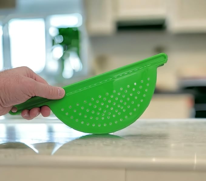 Handy Housewares Handheld Plastic Pot Drainer, Noodle & Pasta Strainer with Handle - Fits up to 9" Pots - Green (3 Pack)