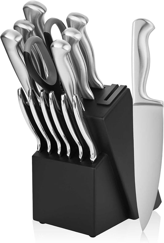 15-Piece Stainless Steel Chef Kitchen Knife Sets with Block & Built-In Sharpener, Professional Chef Knife Sets with Scissors, Steak Knives
