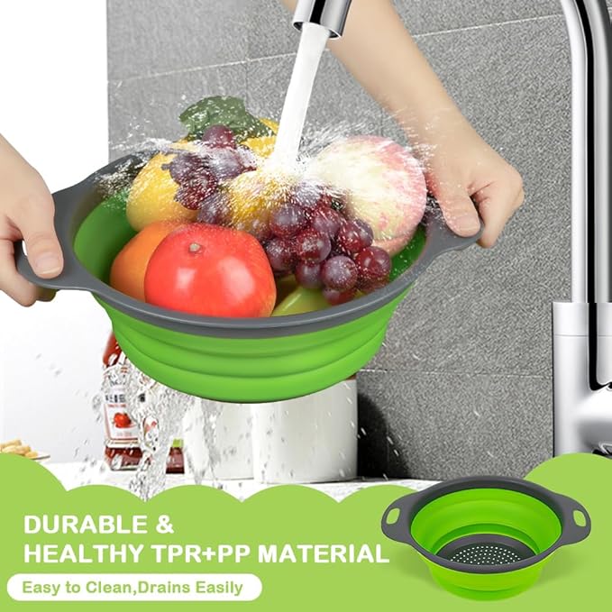 AUAUY 2 Pack Collapsible Colander Set, Round Silicone Folding Collapsible Strainers with Plastic Handles, Eco-Friendly Food Strainer for Kitchen Draining Pasta Vegetables Fruits-1 Large and 1 Small - Image 4