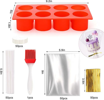 Juome Circle Cake Pop Mold Kit, 8 Cavities Cakesicle Molds Silicone with 50 Sticks & 50 Packaging Bags, Round Cake Pop Maker Supplies Accessories, Baking Tools for Home Baking Desserts - Image 3