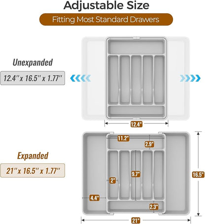 ukeetap Extra Large Expandable Silverware Organizer, BPA-Free Food-Safe Cutlery Flatware Organizer, Kitchen Utensil Drawer Organizer, Adjustable Silverware Holder for Spoons Forks Knives, Gray - Image 3