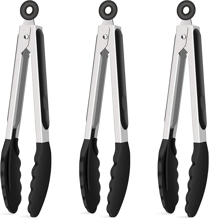 Hotec Silicone Kitchen Tongs for Cooking 9-Inch Serving Tongs with Silicone Tips, Set of 3 (Black) by Hotec