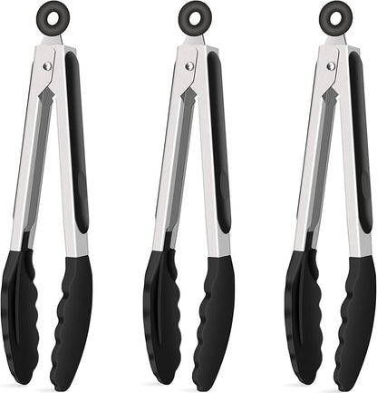 Hotec Silicone Kitchen Tongs for Cooking 9-Inch Serving Tongs with Silicone Tips, Set of 3 (Black) by Hotec