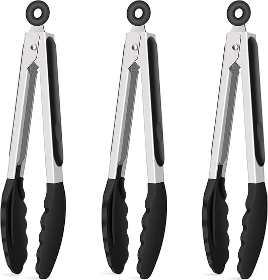 Hotec Silicone Kitchen Tongs for Cooking 9-Inch Serving Tongs with Silicone Tips, Set of 3 (Black) by Hotec