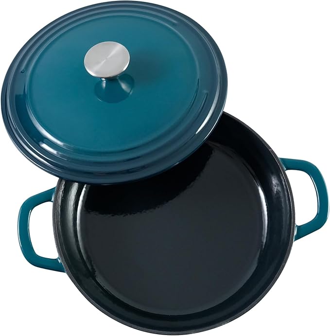 Flavehc Braiser Enameled Cast Iron Braiser 3 qt Braiser Pan with Lid DarkCyan Shallow Cast Iron Casserole Braiser Pan with Handels