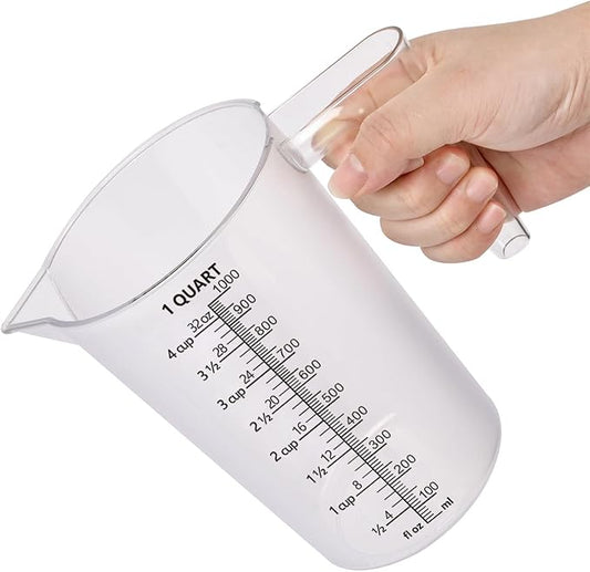 Food-Grade Plastic Measuring Pitcher – 32 Ounce & 4 Cups Measuring Cups with Handle for Liquid, Motor Oil, Pool & Lawn Chemicals, Dilution, Soap Mixing, Brewing, Commercial & Kitchen Use(1000ml)