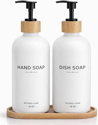Hand and Dish Soap Dispenser Set,16oz Glass Bottles with Printed Labels, Bamboo Tray & Pump,Countertop Soap Dispensers for Kitchen,Luxury, Minimalist & Farmhouse Decor (Hand Dish (White)) by Aeakey