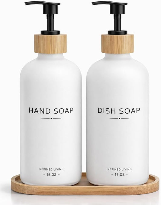 Hand and Dish Soap Dispenser Set,16oz Glass Bottles with Printed Labels, Bamboo Tray & Pump,Countertop Soap Dispensers for Kitchen,Luxury, Minimalist & Farmhouse Decor (Hand Dish (White)) by Aeakey