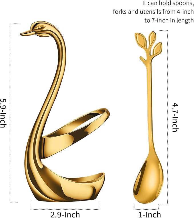AnSaw Gold Small Coffee Spoon Holder Set,Swan Base With 10 Pcs Demitasse Espresso Spoons Set,4.7" Mini Leaf Dessert Spoon,Stainless Steel Tea Spoons - Image 3