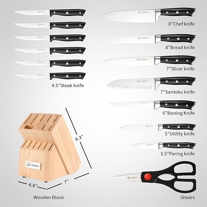 Knife Sets 15 Pieces for Kitchen with Block, German Stainless Steel Kitchen Knife Set, ABS Ergonomic Handle Chef Knives, and Shears for Chopping, Slicing and Cutting - Image 2