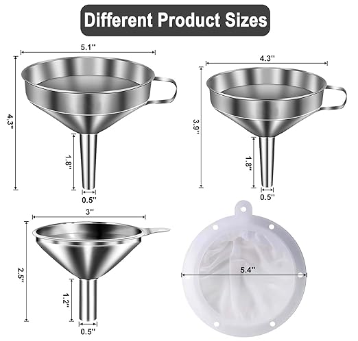 Stainless Steel Funnels for Kitchen use,3PCS Large Kitchen Metal Funnel with 2 Removable Strainer,Cleaning Brush,200 Mesh Food Filter,Funnel for Filling Bottles,for Transferring of Liquid,Oils,Jam