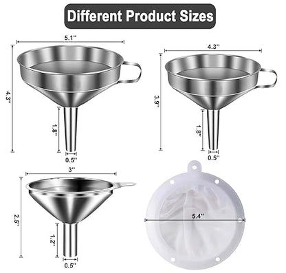 Stainless Steel Funnels for Kitchen use,3PCS Large Kitchen Metal Funnel with 2 Removable Strainer,Cleaning Brush,200 Mesh Food Filter,Funnel for Filling Bottles,for Transferring of Liquid,Oils,Jam
