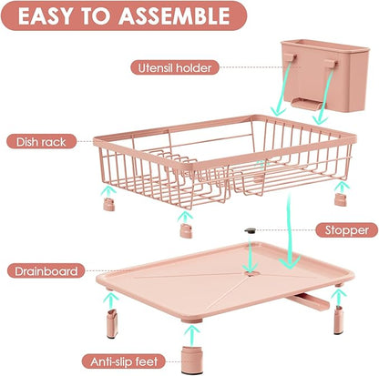 GAOKASE Dish Drying Rack, Stainless Steel-Dish Rack, Dish Racks for Kitchen Counter, Kitchen Dish Drainers with Removable Utensil Holder,New Drain Outlet,Plate Rack and Drainboard,(Pink-11 W x 15" L) - Image 7