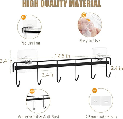 Kitchen Utensil Hanger, Adhesive Utensil Holder Wall Mount Kitchen Rack Rail with 12 Hooks, Space Saving and No Drilling, Black, 2 Pcs - Image 3