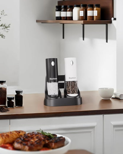 Electric Salt and Pepper Grinder Set with Dual Charging Base, 6 Adjustable Coarseness Levels & External Grind Settings, One-handed Operation Salt and Pepper Mills with LED Light,Black & White