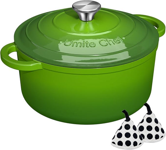 Umite Chef 7QT Enameled Cast Iron Dutch Oven with Lid & Cotton Potholders–Heavy-Duty Cookware for Bread Baking, Braising, Stews, Marinate, Cook,Refrigerate & Serve(Green) by UmiteChef