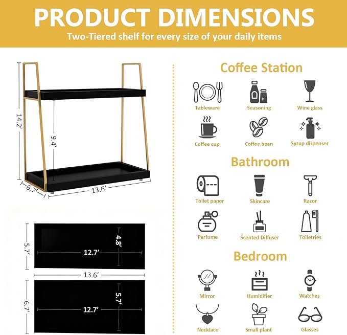 Coffee Bar Accessories, Black Gold Coffee Station Organizer for Countertop Decor, 2 Tier Large Wooden CoffeeBar Shelf for Office, Breakroom, Bathroom - Image 3