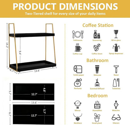 Coffee Bar Accessories, Black Gold Coffee Station Organizer for Countertop Decor, 2 Tier Large Wooden CoffeeBar Shelf for Office, Breakroom, Bathroom - Image 3