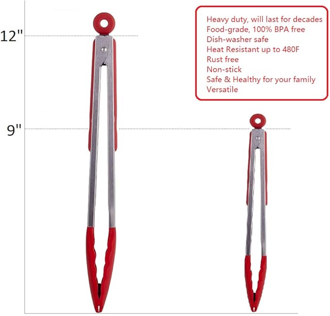 Kitchen Tongs Set of 2 – 9 inch & 12 inch – Stainless Steel Food Tongs with Silicone Tips – Premium Locking Non-stick Tongs for Cooking, BBQ, Grilling, Salad - Heavy Duty, BPA Free(Red) - Image 4