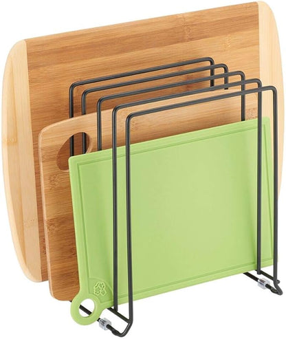 mDesign Pot Lid and Pan Rack — Metal Wire Rack for Cabinets, Pantries or Kitchen Surfaces — Freestanding Pan Stand with 5 Slots for Pans, Pots, Lids and Crockery — Black - Image 7