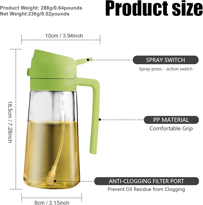 2 in 1 Glass Oil Sprayer & Dispenser,16oz/470ml Olive Cooking, Air Fryer, and Salad, for Kitchen Gadgets and Air Fryer Accessories, w/Stickers (Green) - Image 7