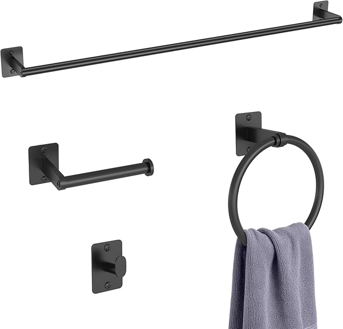 KLJKPA 4 Pieces Bathroom Hardware Set, 32 inch Towel Bar, Matte Black Bathroom Accessories Set, Towel Racks for Bathroom, Robe Towel Hooks, Toilet Paper Holder Wall Mounted by KLJKPA