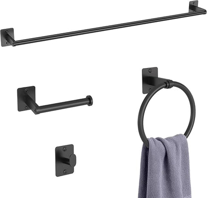 KLJKPA 4 Pieces Bathroom Hardware Set, 32 inch Towel Bar, Matte Black Bathroom Accessories Set, Towel Racks for Bathroom, Robe Towel Hooks, Toilet Paper Holder Wall Mounted by KLJKPA