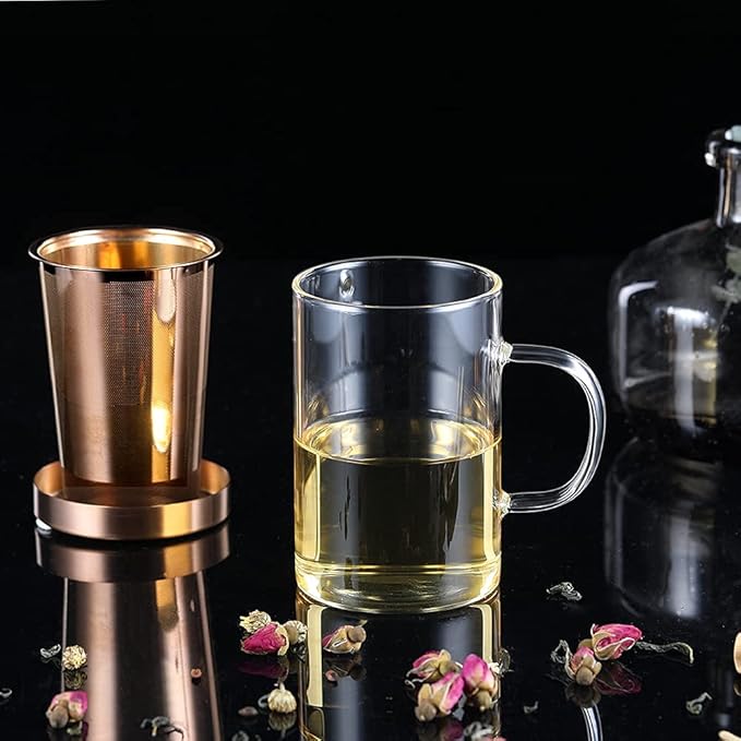 ecooe Tea Infuser Mug 16.9oz Glass Tea Cup with Removable Stainless Steel Infuser and Lid, Clear Glass Tea Cup 500ml Teacup for Loose Leaf Tea, Birthday for Parents Dad Mum Friends (Bronze)