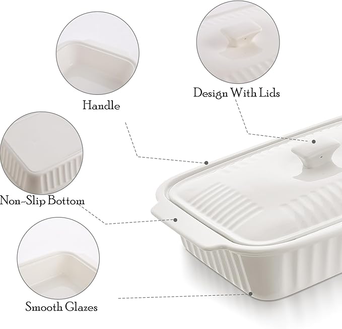 Large Baking Dish with Lid,5.5 Quart Lasagna Pan with Lid, 13.5x9 inch Ceramic Casserole Dish with Lid, Microwave, Dishwasher Safe, White - Image 4
