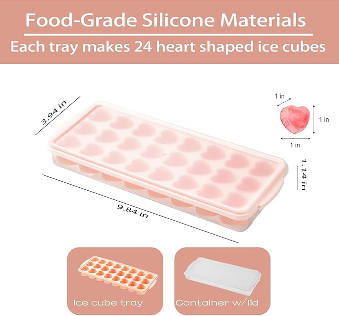 Heart-Shaped Ice Cube Trays With Lid and Bin- 24 Holes Silicone Fun Ice Cube Tray, BPA Free and Dishwasher Safe, Mini Cute Shape Ice Cube Mold, Easy to Remove With Lid (Pink)