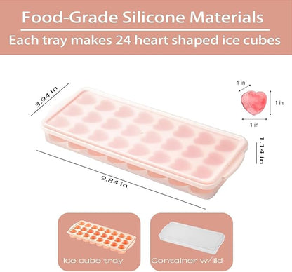 Heart-Shaped Ice Cube Trays With Lid and Bin- 24 Holes Silicone Fun Ice Cube Tray, BPA Free and Dishwasher Safe, Mini Cute Shape Ice Cube Mold, Easy to Remove With Lid (Pink)