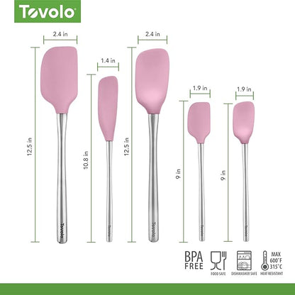Tovolo Stainless Steel Handled Silicone Spatula Set of 5 Pink Sorbet, Dishwasher Safe Kitchen Spatula Set for Cooking Baking, Non Toxic BPA Free Silicone Spatula set with Metal Steel Handle