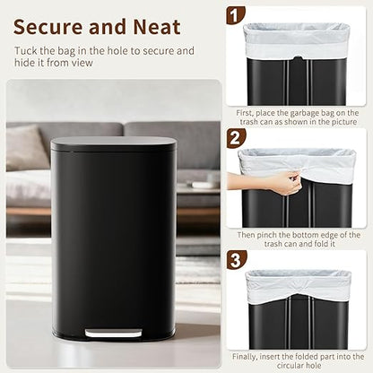 PayLessHere Stainless Steel Trash Can with Lid - Removable Inner Bucket, Foot Pedal Soft Close for Office, Home, Kitchen Garbage Bin (Black, 13 G) - Image 6