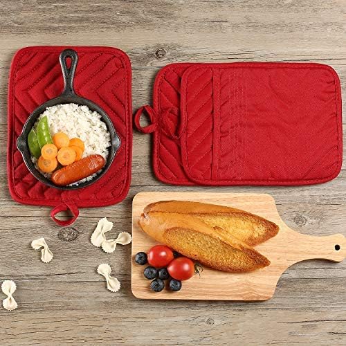 Oven Pot Holder with Pocket Cotton Heat Resistant Coaster Potholder Kitchen Hot Pad Oven Mitts for Cooking Square 7"x9"Set of 5 (Red) - Image 6