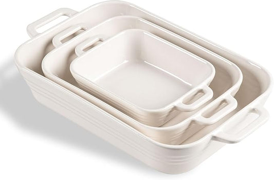 Sweejar Relief Casserole Dishes for Oven, Ceramic 9x13 Baking Pans Set for Cooking, Cake, Banquet and Daily Use, Rectangular Bakeware Set, Porcelain Baking Dish, Lasagna Pan Deep with Handles(White) by Sweejarco1949