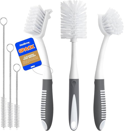 Holikme 6 Pack Dish Brush Set with Bottle Brush, Dish Scrub Brush, Pan Brush and 3 Straw Brushes, Deep Cleaning Handle Brush with Scraper Tip for Kitchen Sink Dishes Bottle Cup Pot and Pans (Gray) by Holikme