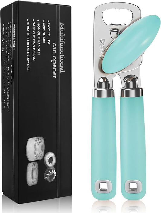 Safring Can Opener Manual, Heavy Duty Stainless Steel Smooth Edge Can Openers With Soft Touch Handle, Oversized Handheld Easy Turn Knob, Multi-Function Bottle Opener, Aqua Sky