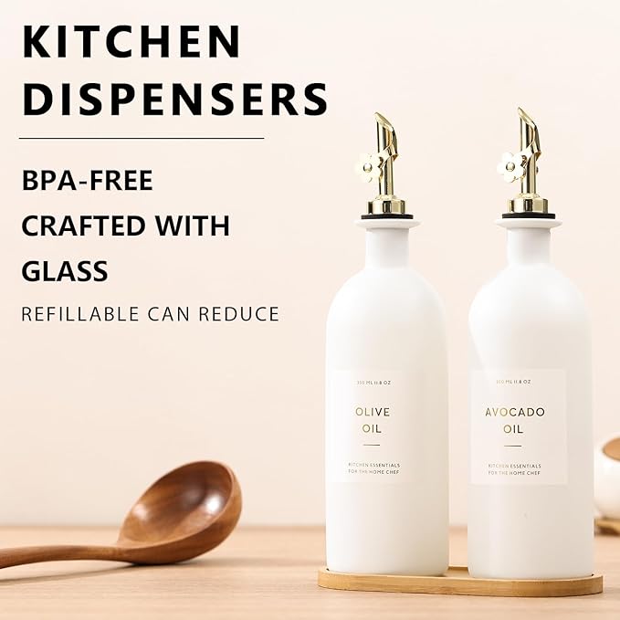 HOMCDALY Olive Oil Dispenser for Kitchen, 16oz Glass Oil Bottles with Bamboo Tray, Gold Oil&Vinegar Cruet Set, Kitchen Dispenser Bottles with Pourer | Set of 2 (16oz – Gold) - Image 2