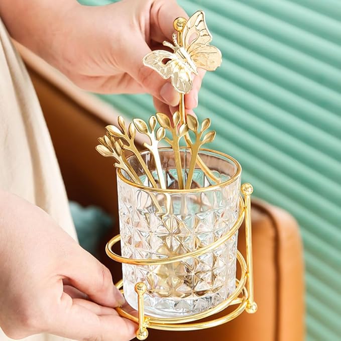 6PCS Coffee Spoons Set with Glass Holder,Small Stainless Steel Gold Tea Spoon,Mini Dessert Spoons Set for Fruit,Stirring, Mixing, Sugar, Ice Cream, Cake (6 x Spoons)