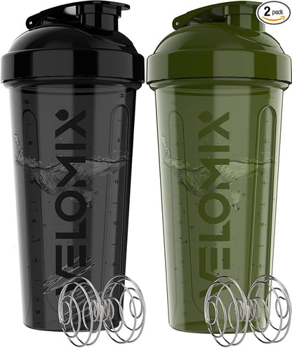 VELOMIX -2 Pack- 28 oz Protein Shaker Bottles for Protein Mixes - 2x Wire Whisk | Leak Proof Shaker Cups for Protein Shakes and Pre Workout | Protein Shaker Bottle Pack (A9) Green/Black