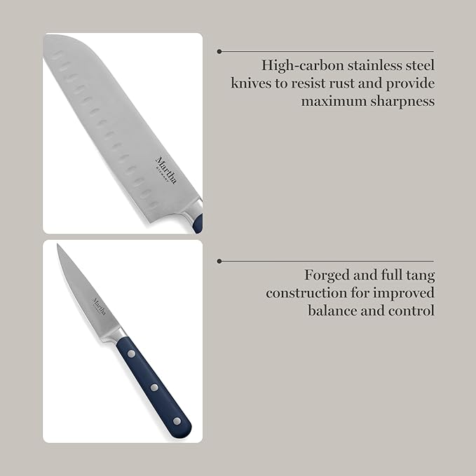 MARTHA STEWART Eastwalk 14 Piece High Carbon Staineless Steel Cutlery Set w/ABS Triple Riveted Forged Handle Acacia Wood Block - Navy Blue - Image 4